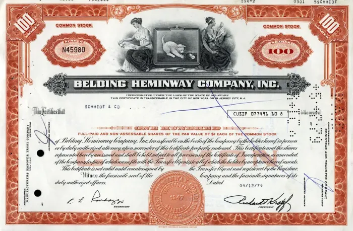 Framed Print : Stock Share Certificate - Belding Hemingway Company Inc
