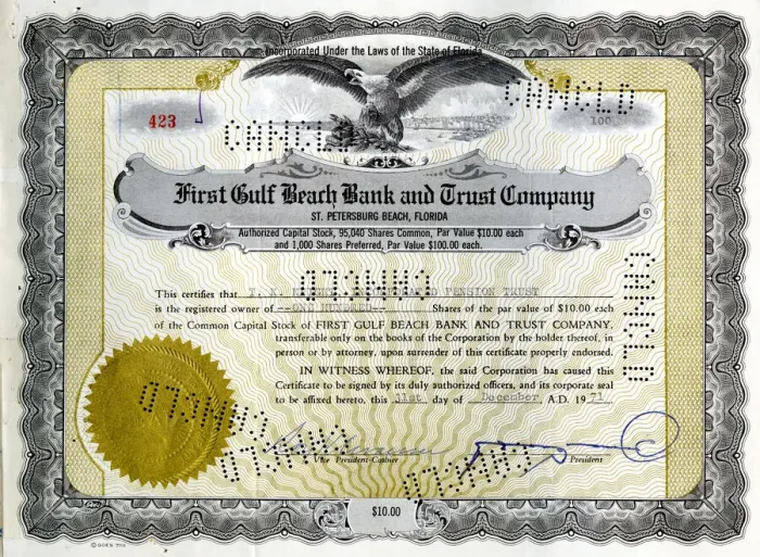 Framed Print : Stock Share Certificate - First Gulf Beach Bank and Trust Co Framed Print : Stock Share Certificate - First Gulf Beach Bank and Trust Co