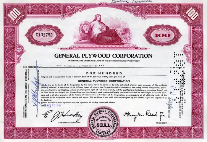 Framed Print : Stock Share Certificate - General Plywood Corporation Framed Print : Stock Share Certificate - General Plywood Corporation