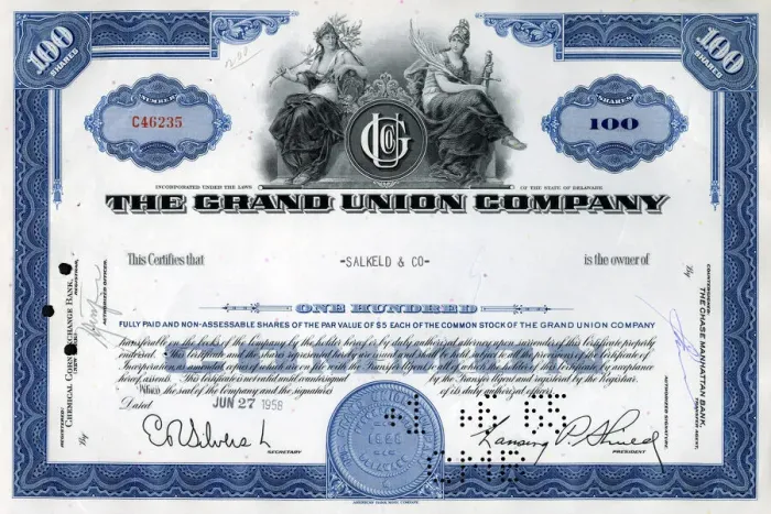 Framed Print : Stock Share Certificate - The Grand Union Company Framed Print : Stock Share Certificate - The Grand Union Company