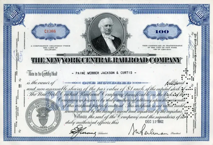 Framed Print : Stock Share Certificate - New York Central Railroad Company Framed Print : Stock Share Certificate - New York Central Railroad Company