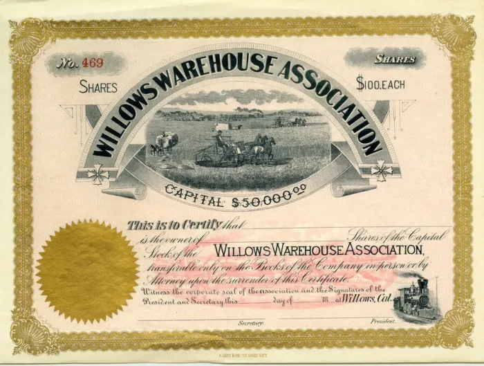 Framed Print : Stock Share Certificate - Willows Warehouse Association Framed Print : Stock Share Certificate - Willows Warehouse Association