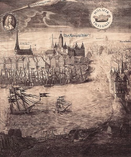 Stockholm in 17th c. with a portrait of Queen