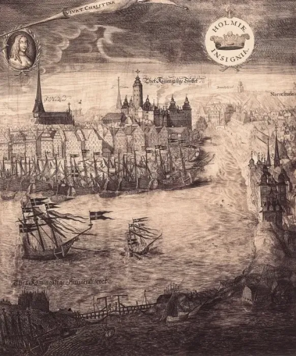 Framed Print : Stockholm in 17th c. with a portrait of Queen Framed Print : Stockholm in 17th c. with a portrait of Queen