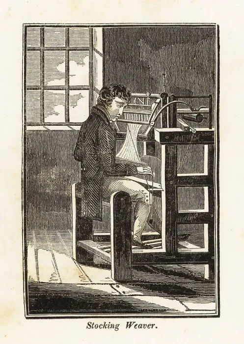 Framed Print : Stocking weaver seated at a loom in a workshop Framed Print : Stocking weaver seated at a loom in a workshop