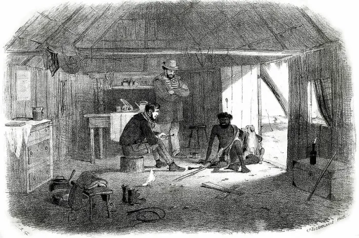 Framed Print : Stockman's hut in Australia with aboriginal man Framed Print : Stockman's hut in Australia with aboriginal man