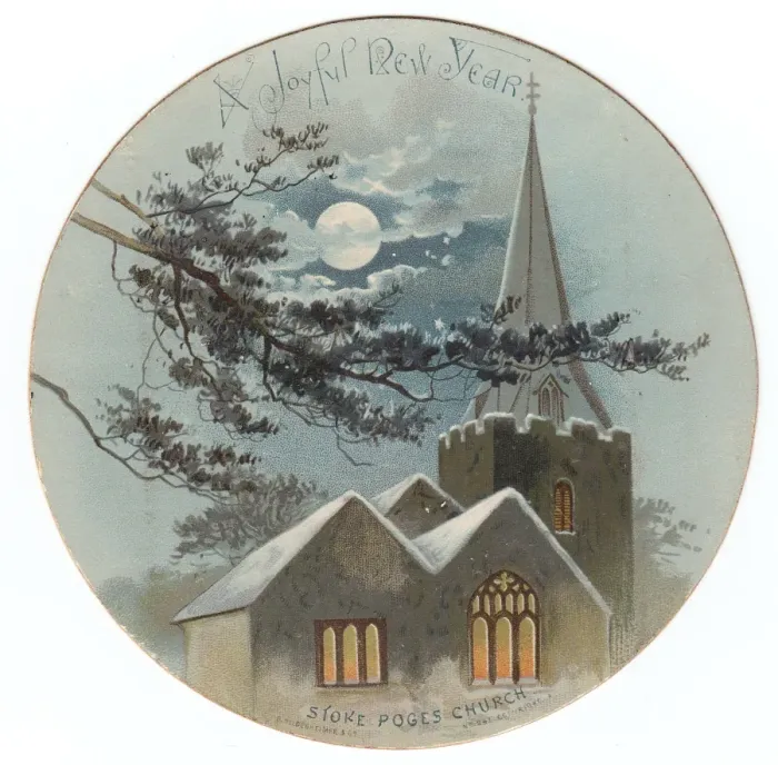 Framed Print : Stoke Poges Church on a circular New Year card Framed Print : Stoke Poges Church on a circular New Year card