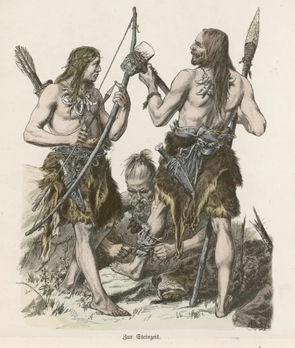 Framed Print : Stone Age men treat their wounds after hunting Framed Print : Stone Age men treat their wounds after hunting