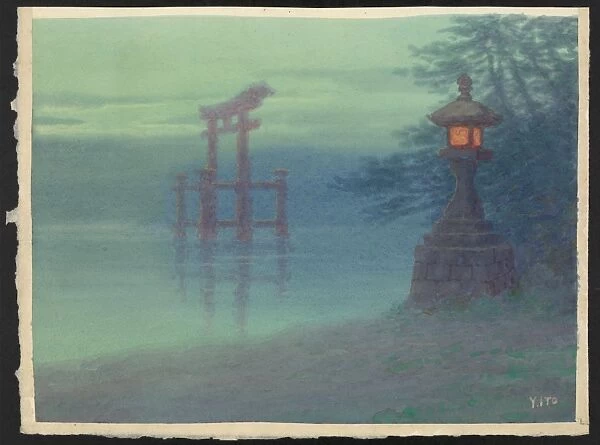 Stone lantern on shore and a torii in a lake