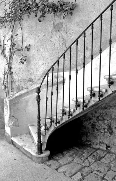 Framed Print : Stone staircase with wrought iron rail, France