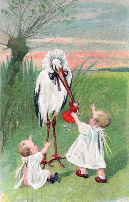 Framed Print : Stork with two babies on a greetings postcard Framed Print : Stork with two babies on a greetings postcard