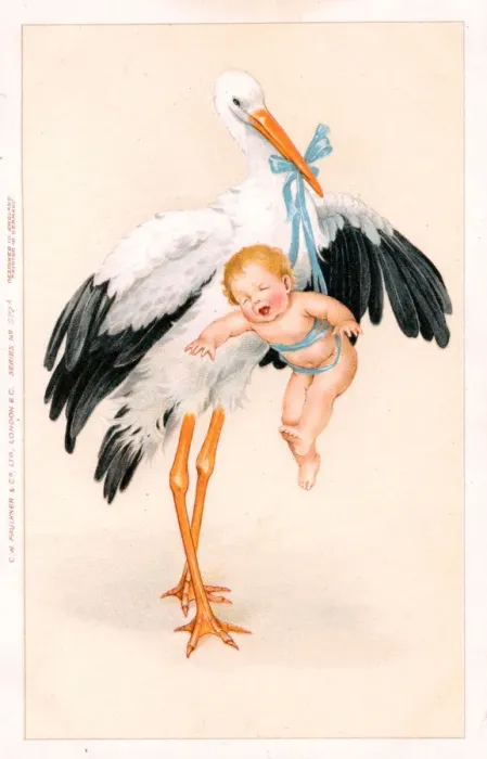 Framed Print : Stork with baby in blue ribbons on a greetings postcard Framed Print : Stork with baby in blue ribbons on a greetings postcard
