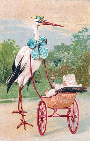 Stork with baby in pram on a greetings postcard