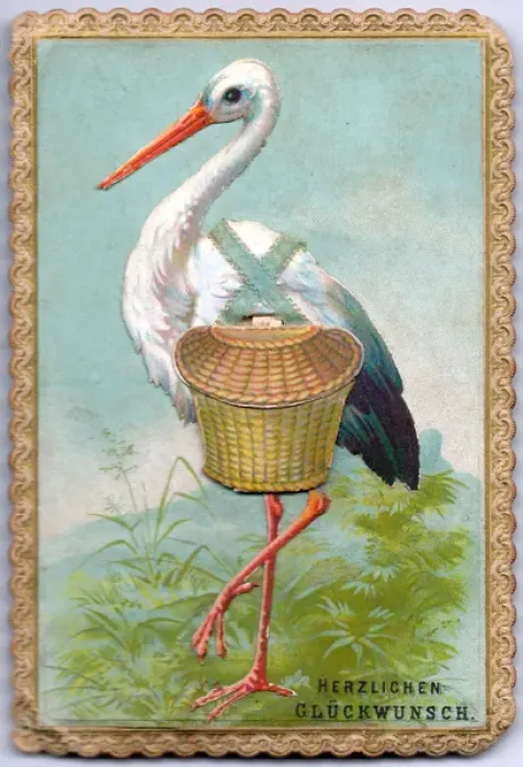 Framed Print : Stork with basket on an audible good luck card Framed Print : Stork with basket on an audible good luck card