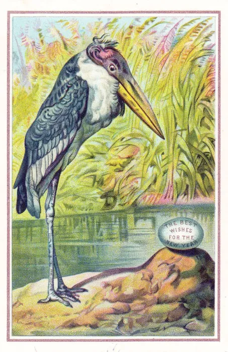 Framed Print : Stork and egg on a New Year card Framed Print : Stork and egg on a New Year card