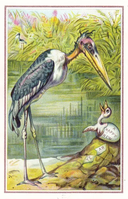 Framed Print : Stork and hatching egg on a New Year card Framed Print : Stork and hatching egg on a New Year card