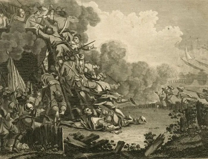Framed Print : The Storming of the Castle of St Salvador 1705 Framed Print : The Storming of the Castle of St Salvador 1705