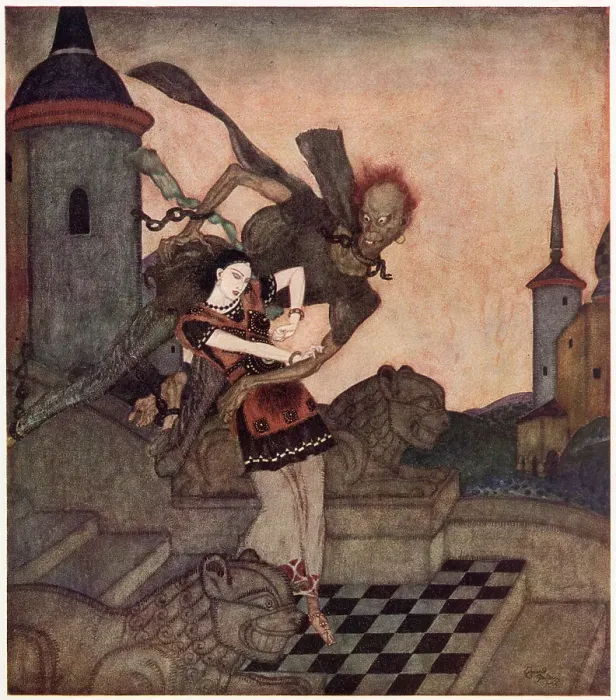Framed Print : The Story of Bashtchelik (or, Real Steel), a Serbian fairy tale. The Prince, looking out, saw him snatch up the Princess... and soar rapidly away. Illustration by Edmund Dulac. Date: 1916 Framed Print : The Story of Bashtchelik (or, Real Steel), a Serbian fairy tale. The Prince, looking out, saw him snatch up the Princess... and soar rapidly away. Illustration by Edmund Dulac. Date: 1916