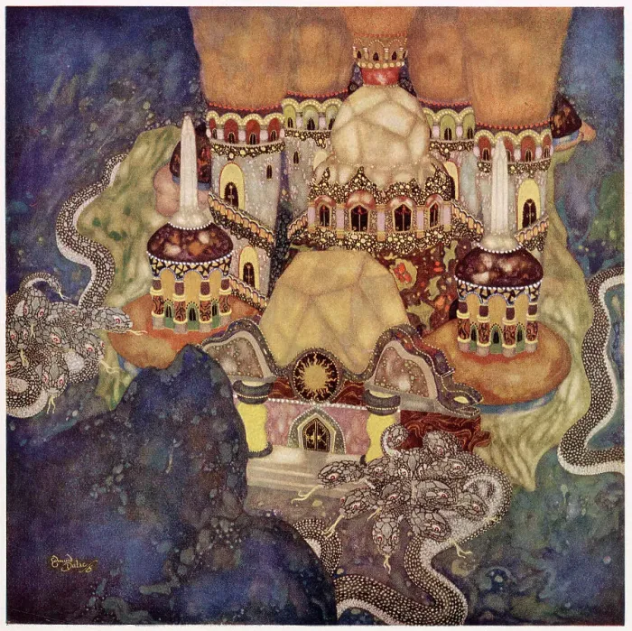 Framed Print : The Story of Bashtchelik (or, Real Steel), a Serbian fairy tale. The Palace of the Dragon King. Illustration by Edmund Dulac. Date: 1916 Framed Print : The Story of Bashtchelik (or, Real Steel), a Serbian fairy tale. The Palace of the Dragon King. Illustration by Edmund Dulac. Date: 1916