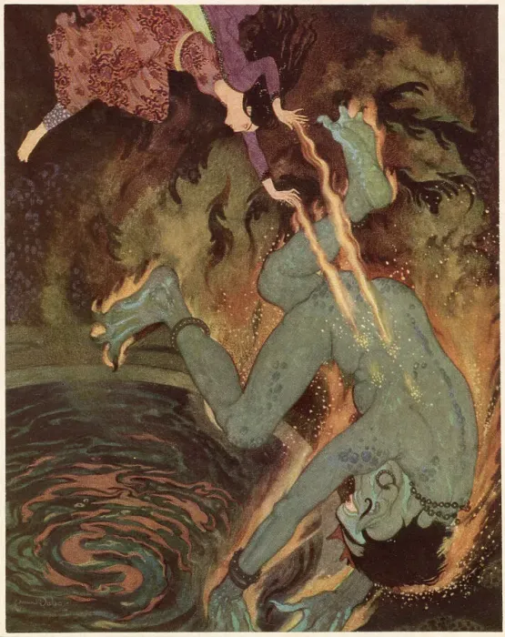 Framed Print : The Story of the Three Calendars. The Princess burns the efrite to death. Date: 1914 Framed Print : The Story of the Three Calendars. The Princess burns the efrite to death. Date: 1914