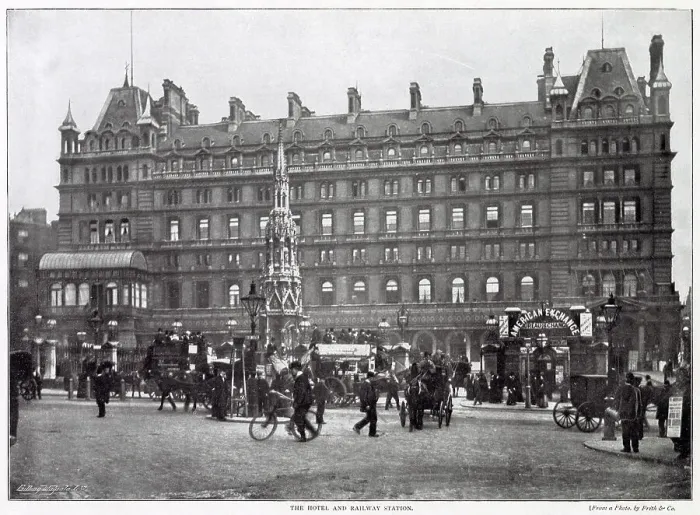 Framed Print : Along the Strand in front of Charing Cross Station and hotel. Date: 1896 Framed Print : Along the Strand in front of Charing Cross Station and hotel. Date: 1896