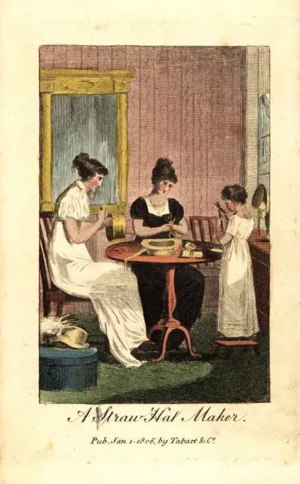 Framed Print : Straw-hat makers, women and girl, sewing hats Framed Print : Straw-hat makers, women and girl, sewing hats