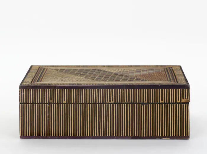 Framed Print : Box. Straw-work box decorated with an abstract geometric design in coloured Framed Print : Box. Straw-work box decorated with an abstract geometric design in coloured