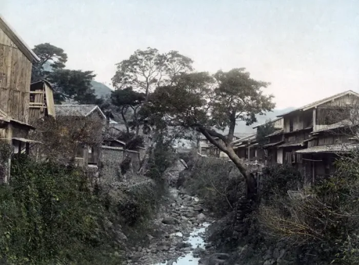 Framed Print : A stream and houses at Nakajima, Nagasaki, Japan, circa 1880