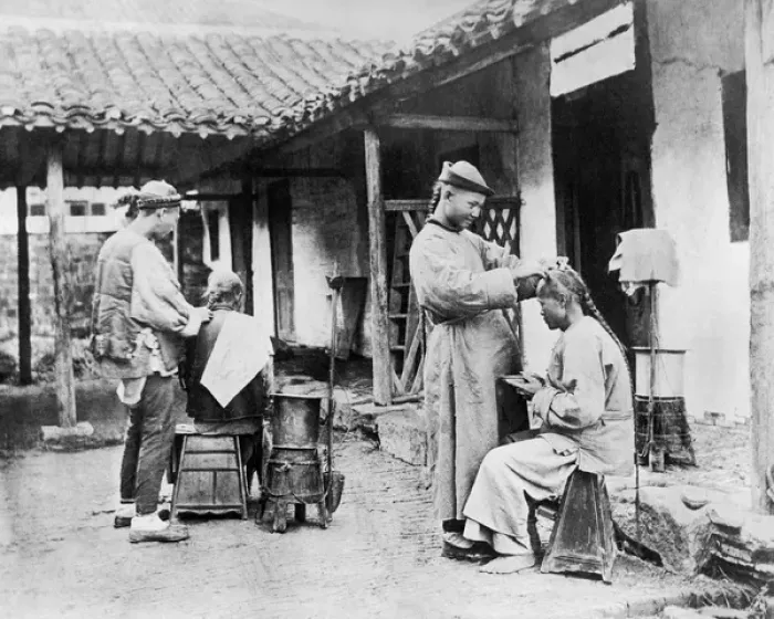 Framed Print : Street barbers at work, China Framed Print : Street barbers at work, China