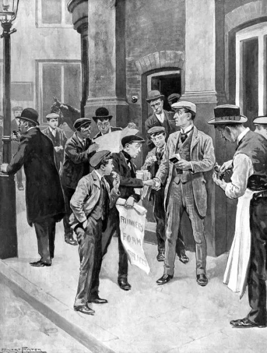Framed Print : Street betting - a bookmaker taking bets Framed Print : Street betting - a bookmaker taking bets