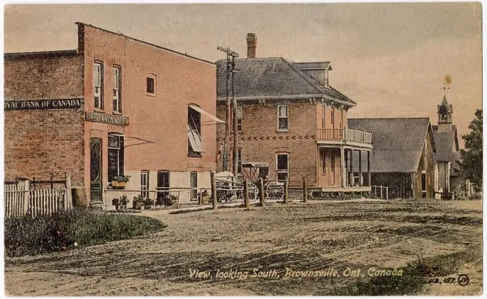 Framed Print : Street in Brownsville (looking south), Ontario, Canada, with the Royal Bank of Canada on the left. Date: 1907 Framed Print : Street in Brownsville (looking south), Ontario, Canada, with the Royal Bank of Canada on the left. Date: 1907