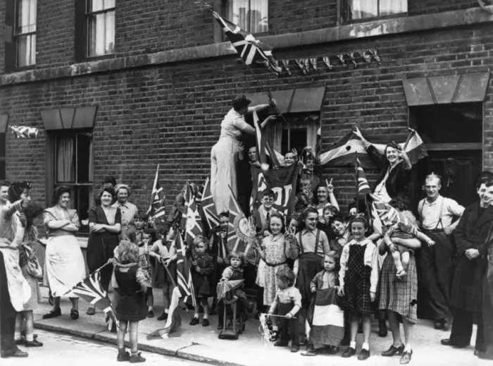 Framed Print : Street celebration with flags, VE Day Framed Print : Street celebration with flags, VE Day