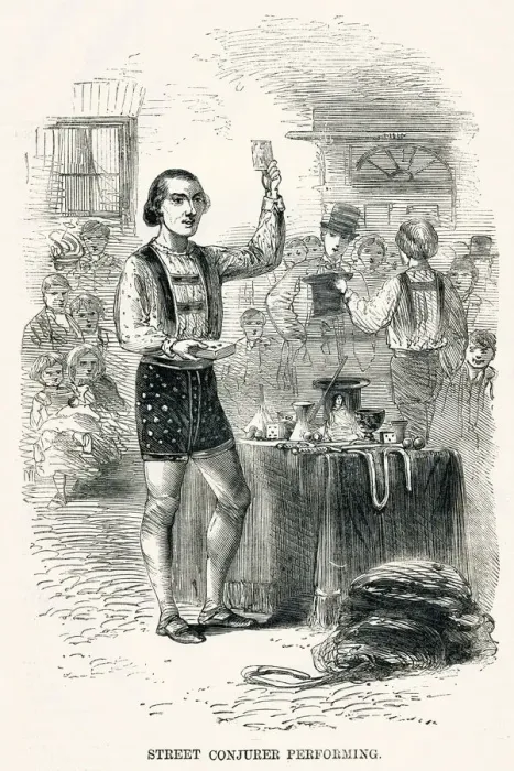 Framed Print : Street Conjurer performing 1850s Framed Print : Street Conjurer performing 1850s