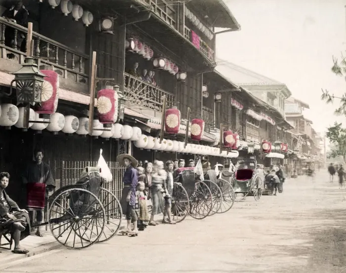 Framed Print : Street filled with rickshaws, jinrikishas, Japan, c. 1890 s Framed Print : Street filled with rickshaws, jinrikishas, Japan, c. 1890 s