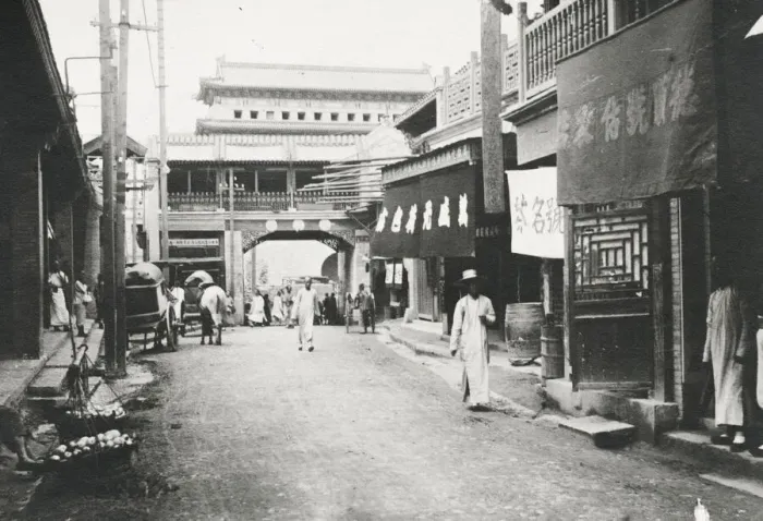 Framed Print : Street and gate, likely Seoul Korea Framed Print : Street and gate, likely Seoul Korea