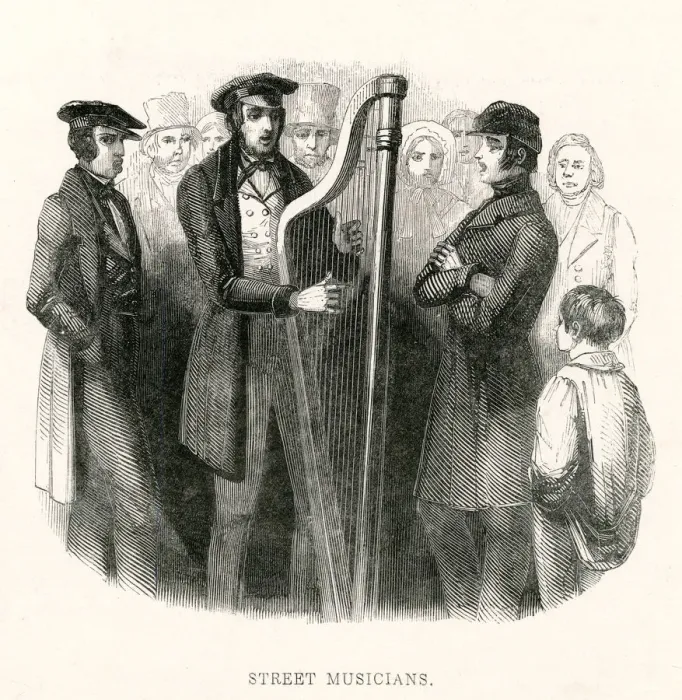 Framed Print : Street harpist and singers 1842 Framed Print : Street harpist and singers 1842