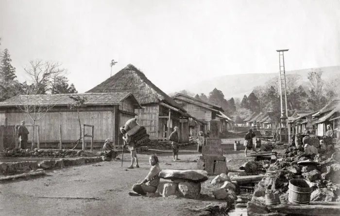 Framed Print : Street life in a Japanese village, c. 1870 s Framed Print : Street life in a Japanese village, c. 1870 s