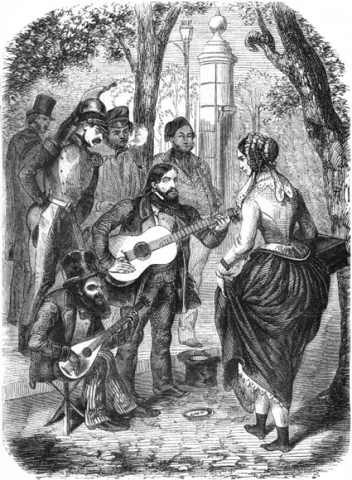 Framed Print : Street music: Gypsies playing guitar, 1855 Framed Print : Street music: Gypsies playing guitar, 1855