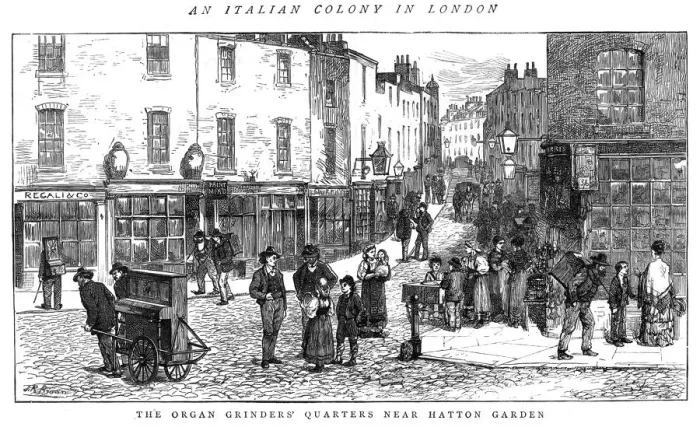Framed Print : Street music: organ grinders quarter, 1875 Framed Print : Street music: organ grinders quarter, 1875