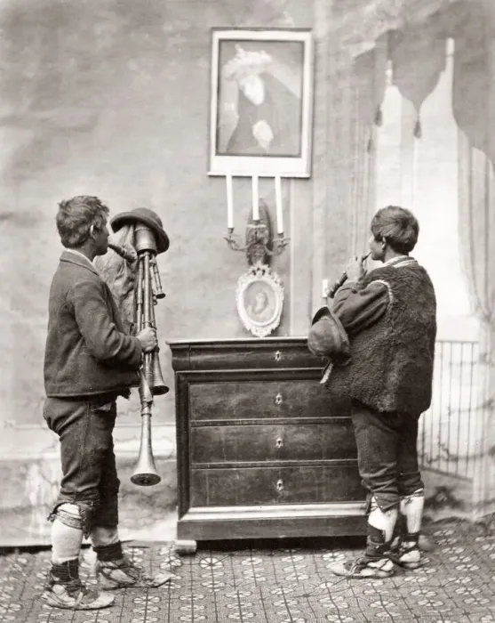 Framed Print : Street musicians honouring a Madonna, Italy, c. 1880 s Framed Print : Street musicians honouring a Madonna, Italy, c. 1880 s