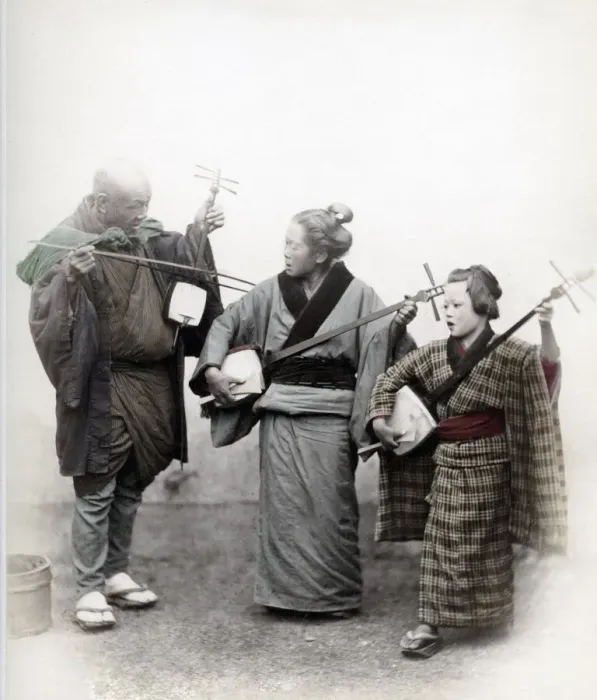 Framed Print : Street musicians, Japan, 1860 s, shamisens Vintage late 19th century photograph Framed Print : Street musicians, Japan, 1860 s, shamisens Vintage late 19th century photograph