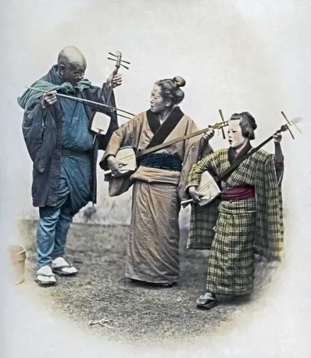 Framed Print : Street musicians, Japan, circa 1870 Framed Print : Street musicians, Japan, circa 1870