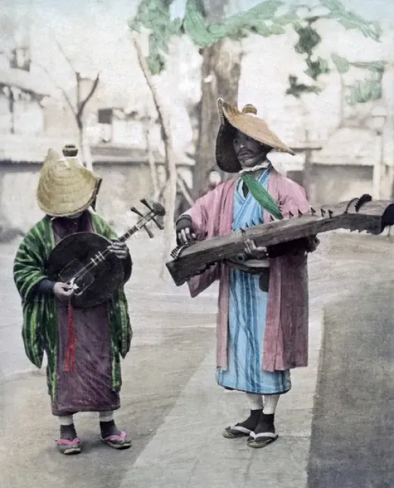 Framed Print : Street musicians, Japan, circa 1890 Framed Print : Street musicians, Japan, circa 1890