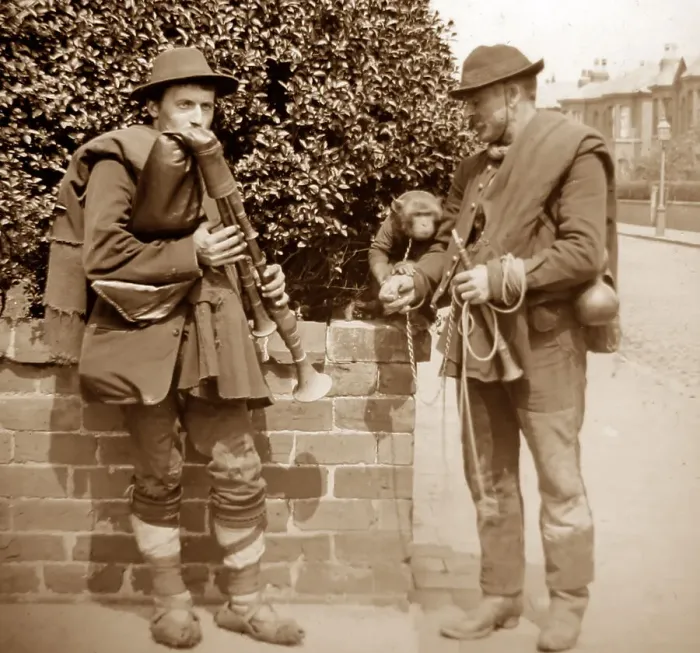 Framed Print : Street musicians with a monkey, Victorian period Framed Print : Street musicians with a monkey, Victorian period