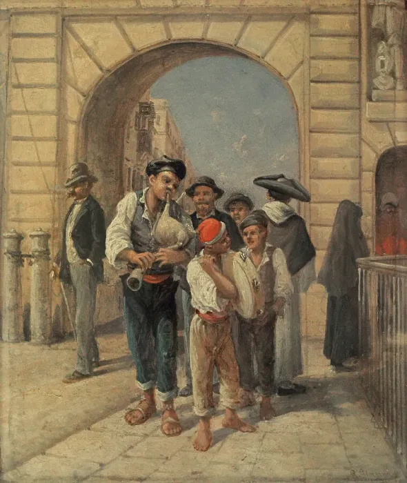 Framed Print : Street musicians in traditional Maltese costume, 1891 Framed Print : Street musicians in traditional Maltese costume, 1891