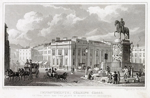 A street scene in Charing Cross showing someone using a water pump. Date: 1828