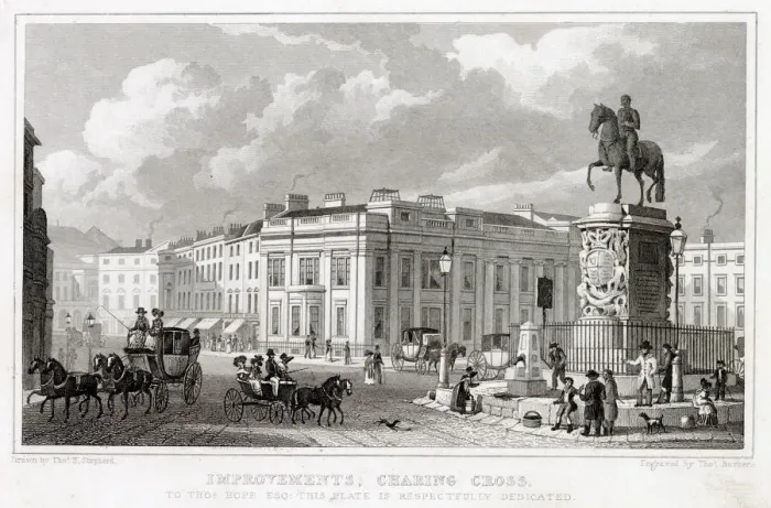 Framed Print : A street scene in Charing Cross showing someone using a water pump. Date: 1828 Framed Print : A street scene in Charing Cross showing someone using a water pump. Date: 1828