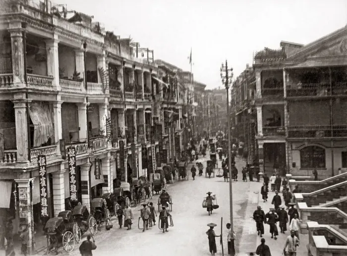 Framed Print : Street scene, Hong Kong, circa 1890s. Date: circa 1890s Framed Print : Street scene, Hong Kong, circa 1890s. Date: circa 1890s