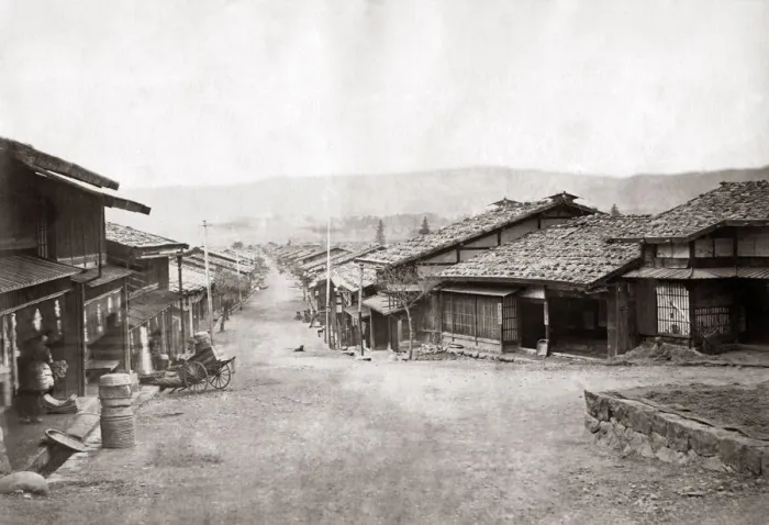 Framed Print : Street scene, Japan, circa 1870s. Date: circa 1870s Framed Print : Street scene, Japan, circa 1870s. Date: circa 1870s