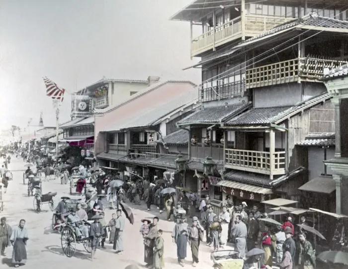 Framed Print : Street scene in Osaka, Japan, circa 1880s. Date: circa 1880s Framed Print : Street scene in Osaka, Japan, circa 1880s. Date: circa 1880s